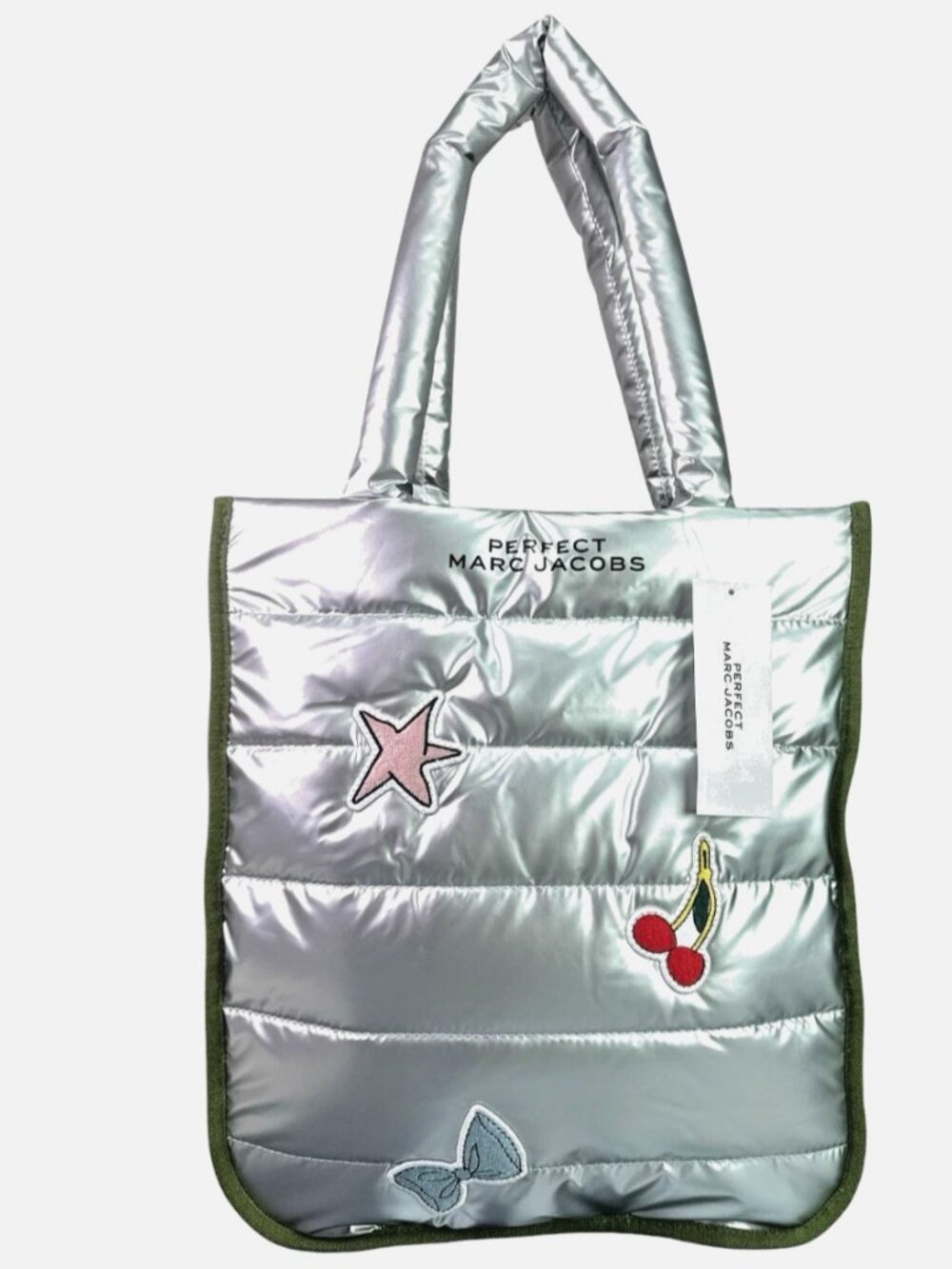 Marc Jacobs Perfect Silver Metallic Puffer Tote Bag Star Cherry Bow Patches NWT